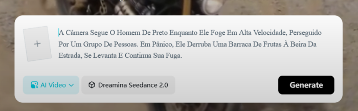 Exemplo de Caixa para gerar vídeo no Seedance usando o Dreamina.